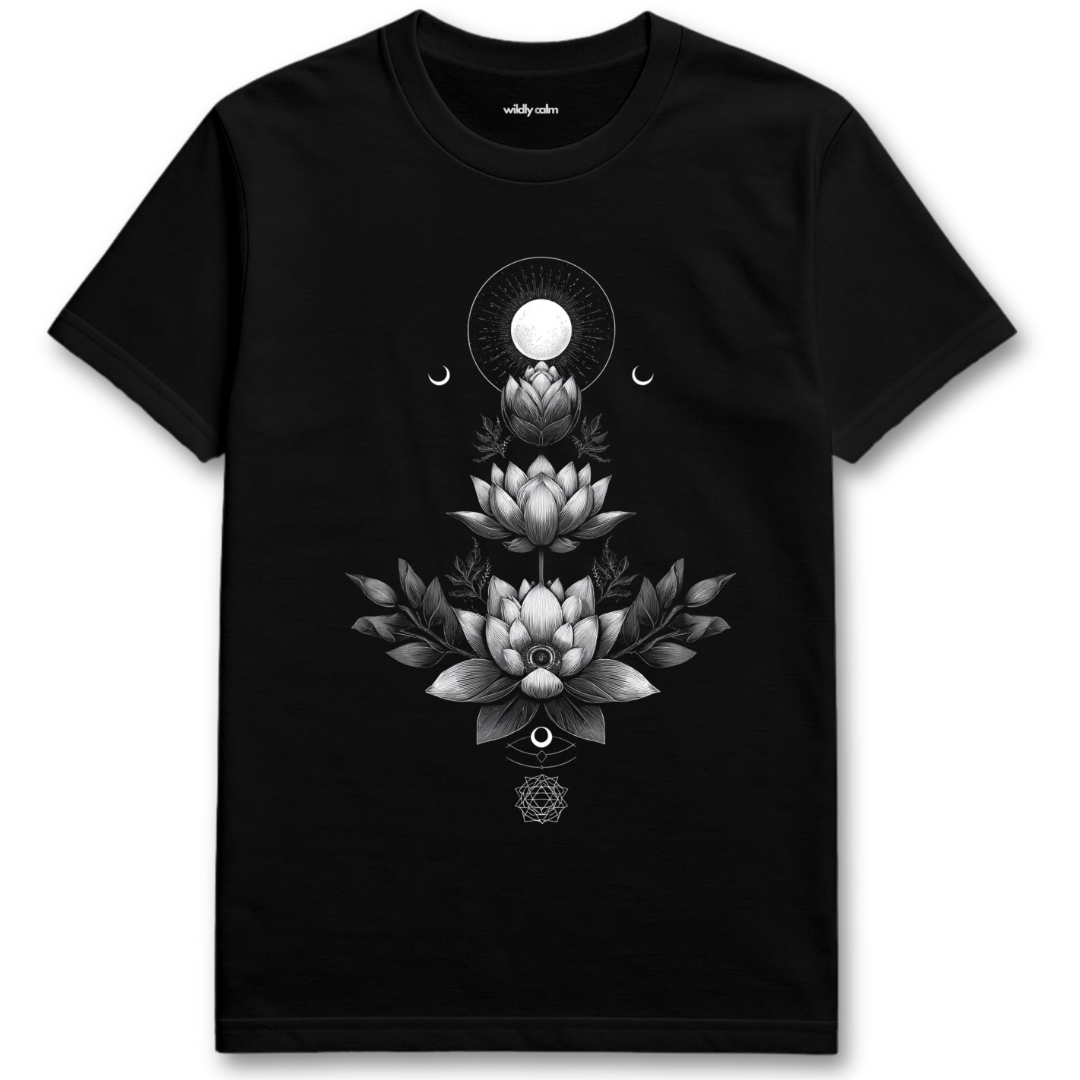 Awakened Petals Lotus Black t-shirt with black and white floral design on a white background - Wildly calm