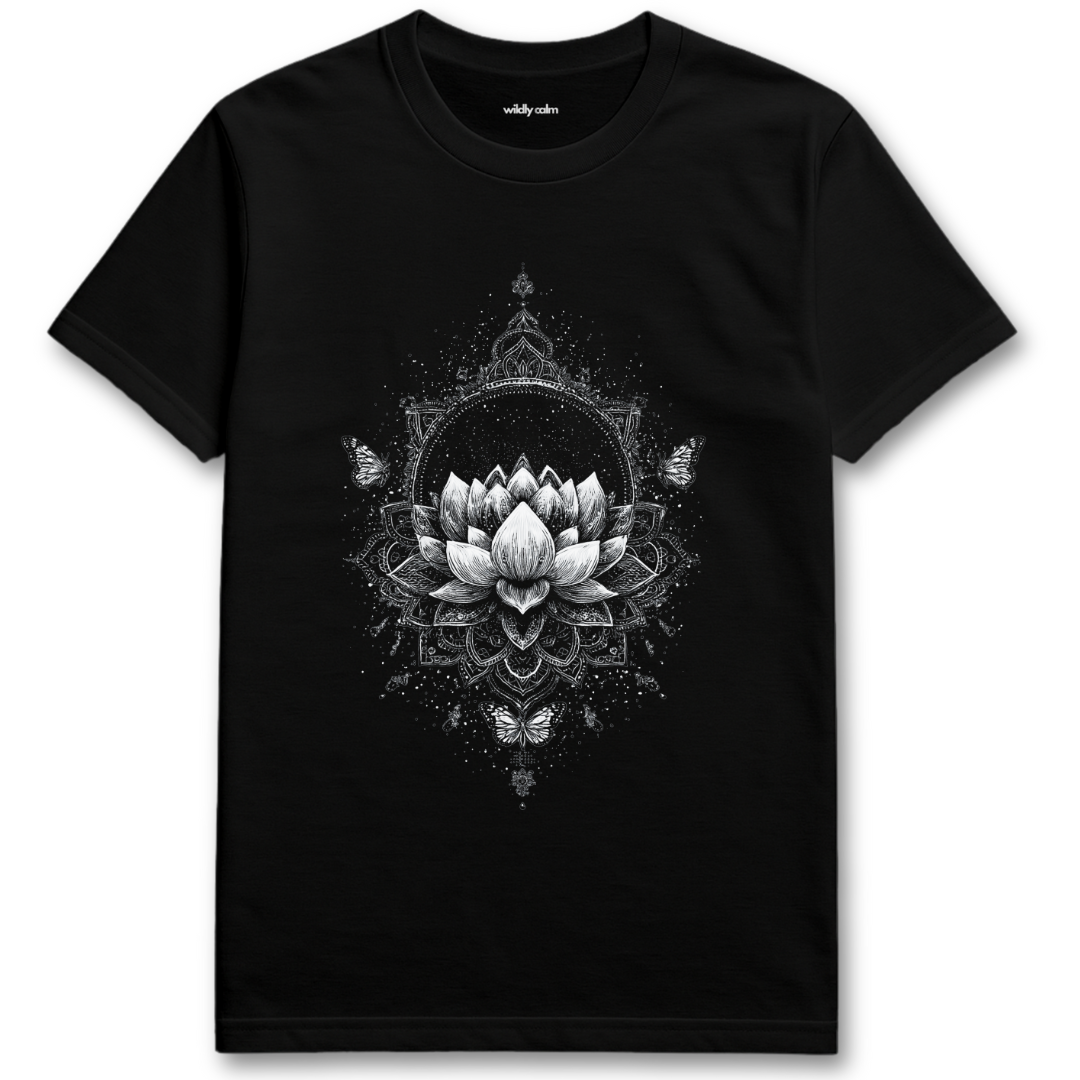 Lotus Reverie_Black t-shirt with a white lotus flower design for Yoga - wildly calm