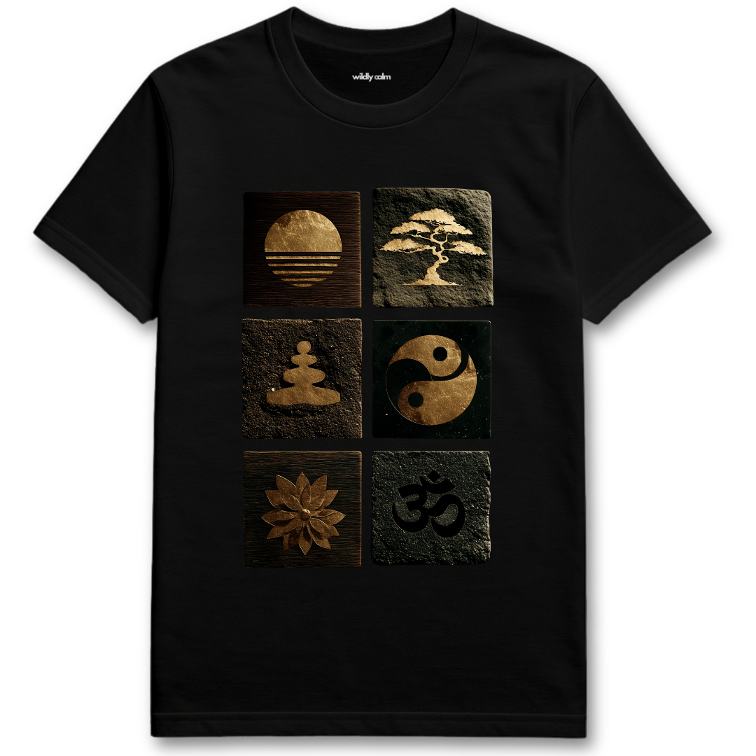 Peace Symbols Black t-shirt with gold and brown symbols on a white background for yoga