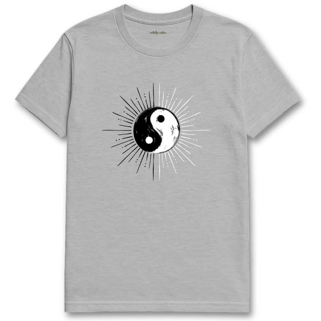 yin yang rays sports grey t-shirt with a yin yang symbol design on a white background for yoga- wildly calm