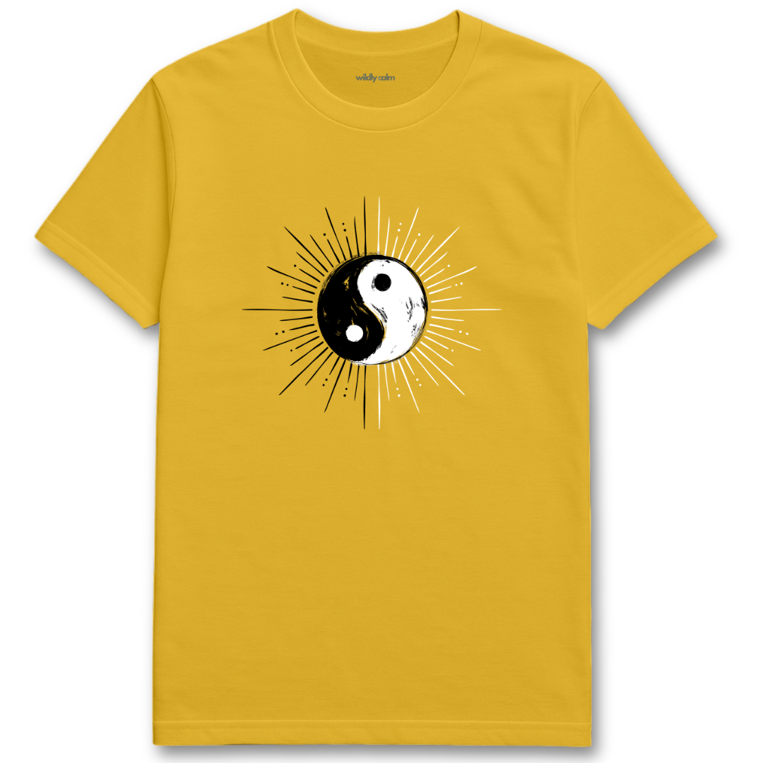 yin yang raysGold t-shirt with a yin yang symbol design on a white background for yoga- wildly calm