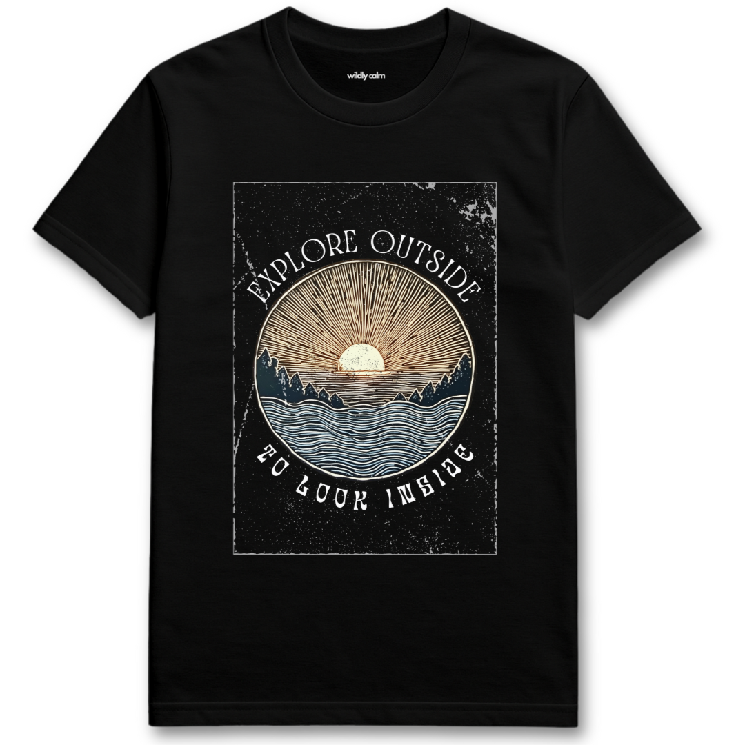 Explore outside Black yoga t-shirt with nature graphic and text 'Explore Outside to Look Inside' - wildly calm