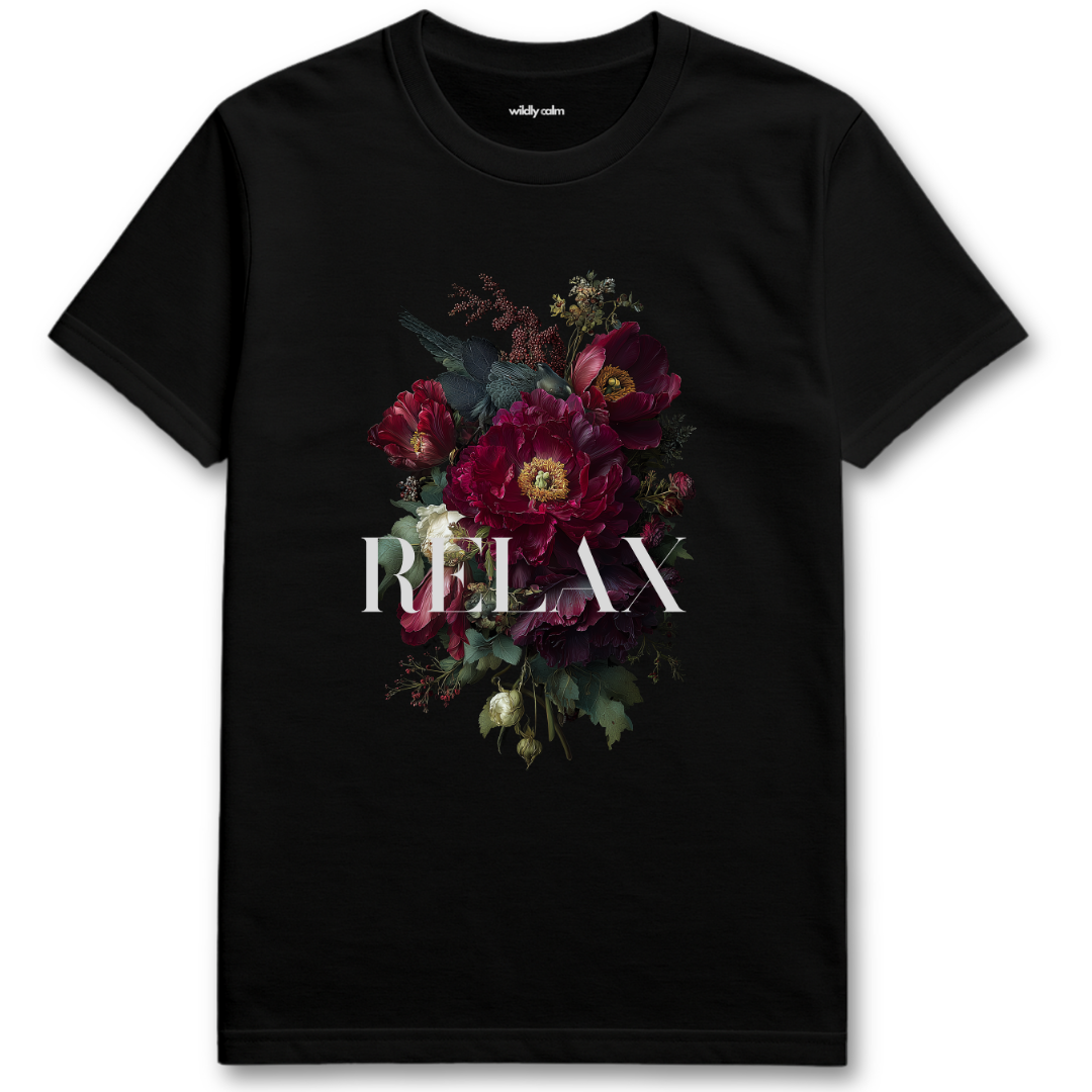 Black yoga t-shirt with floral design and 'RELAX' text - wildly calm