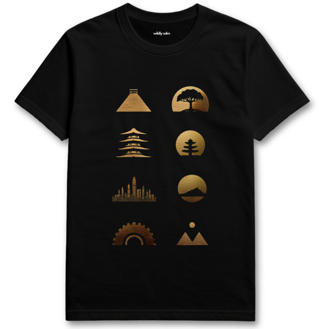 Minniature Earth Elements Black yoga t-shirt with gold graphic designs - wildly calm