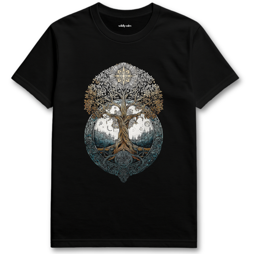Tranquil Growth Black yoga t-shirt with a tree design - willdy calm