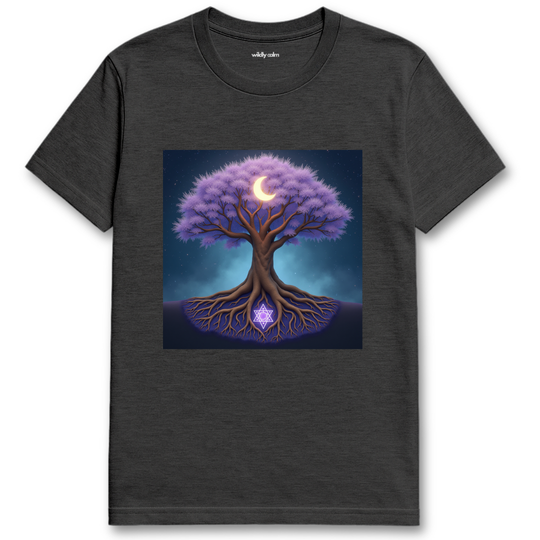 Lunar Whispers_Dark Heather Grey t-shirt with a purple tree design featuring a moon and star - wildly calm