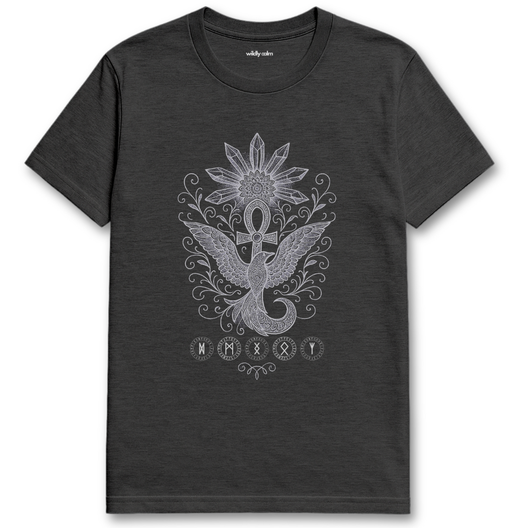 Hethaer Dark grey Star-Crystal_Sigil t-shirt with a white symbol design for Yoga - Wildly Calm