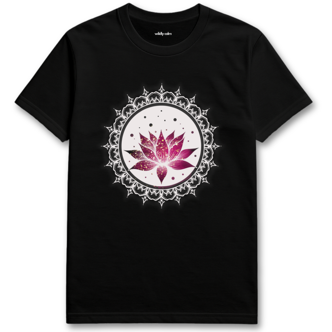 Black Awakening Lotus t-shirt with a pink lotus flower White Mandala design for oga - Widlly Calm