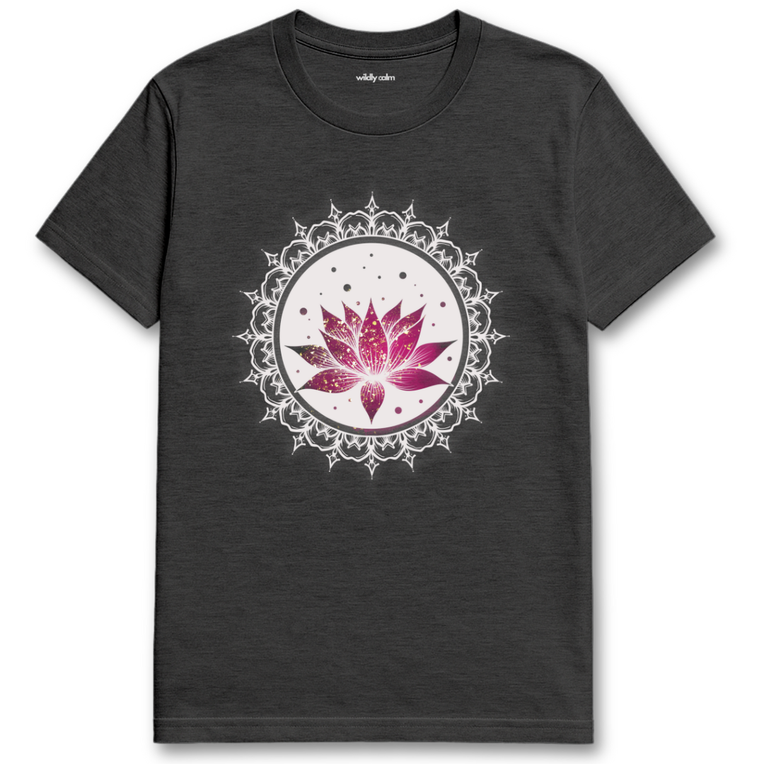 Heather Derk Grey Awakening Lotus t-shirt with a pink lotus flower White Mandala design for oga - Widlly Calm
