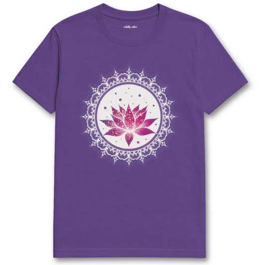 Heather Purple Awakening Lotus t-shirt with a pink lotus flower White Mandala design for oga - Widlly Calm
