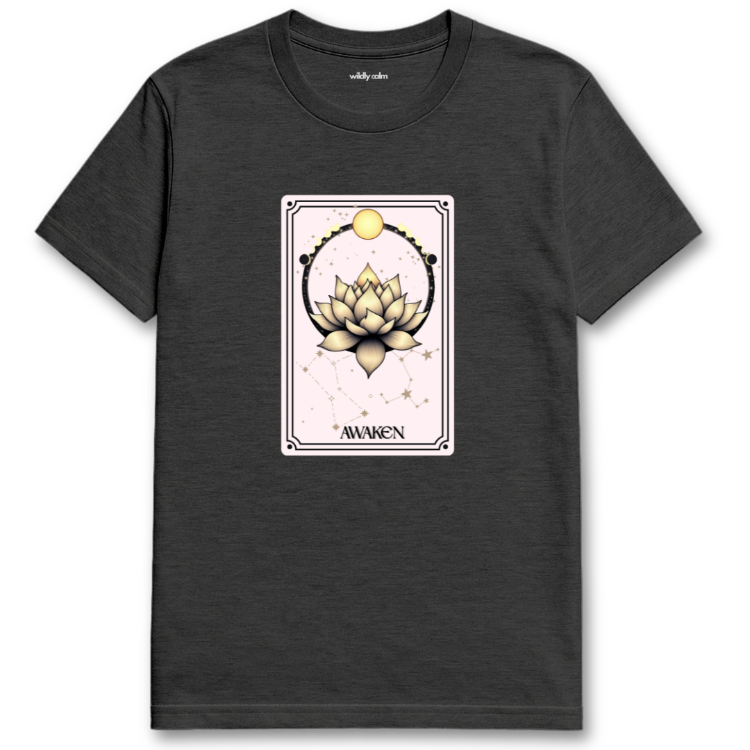 Celestial Lotus Heather Dark Grey t-shirt with a tarot card-style design featuring a lotus flower and 'Awaken' text for Yoga - Wildly Calm