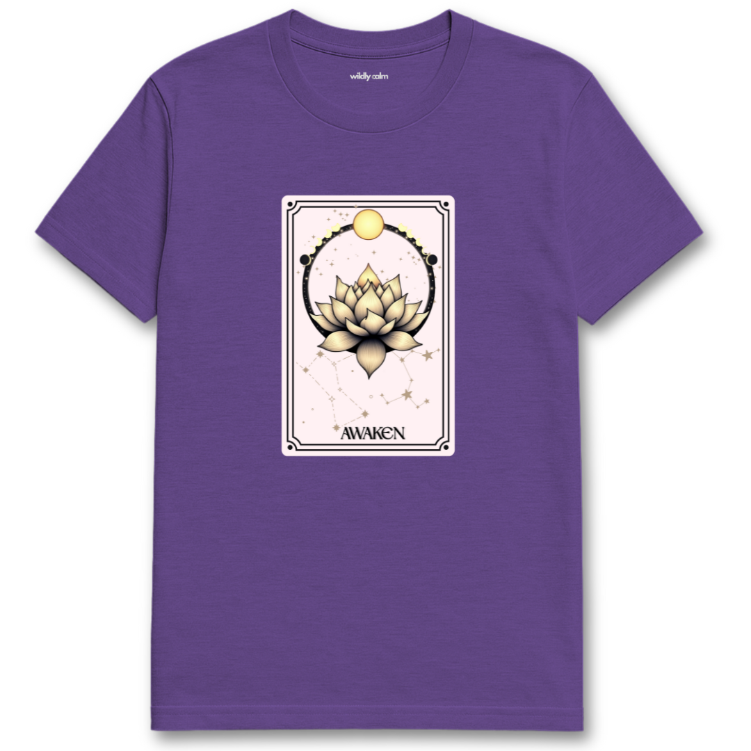 Celestial Lotus Heather Purple t-shirt with a tarot card-style design featuring a lotus flower and 'Awaken' text for Yoga - Wildly Calm