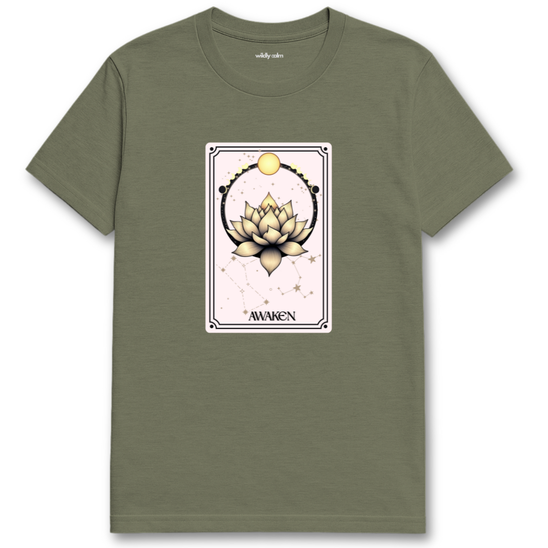 Celestial Lotus Heather Military Green t-shirt with a tarot card-style design featuring a lotus flower and 'Awaken' text for Yoga - Wildly Calm
