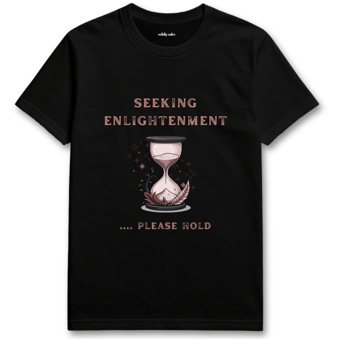 Enlightenment black yoga t-shirt with an hourglass graphic and text - wildly calm