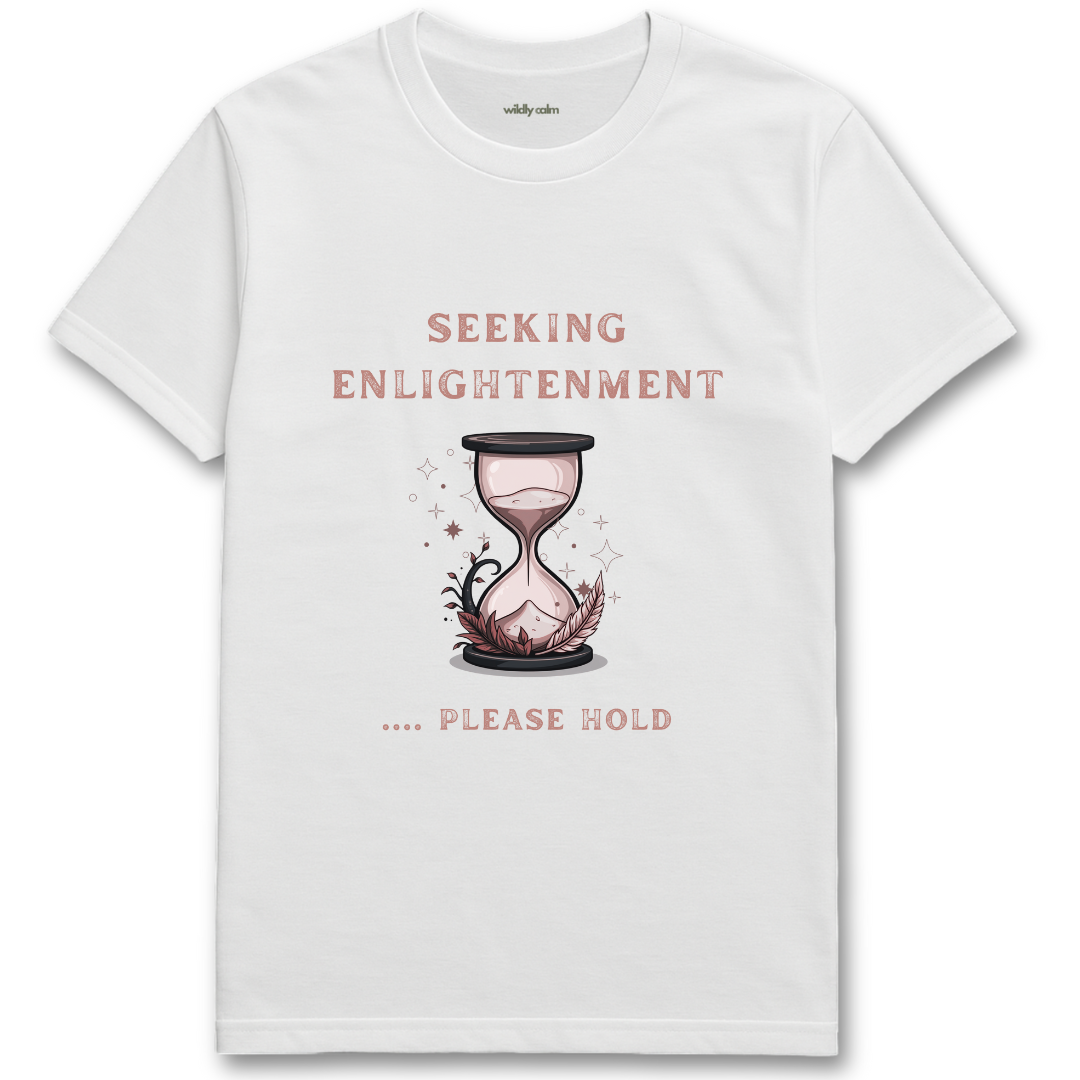 Enlightenment white yoga t-shirt with an hourglass graphic and text - wildly calm