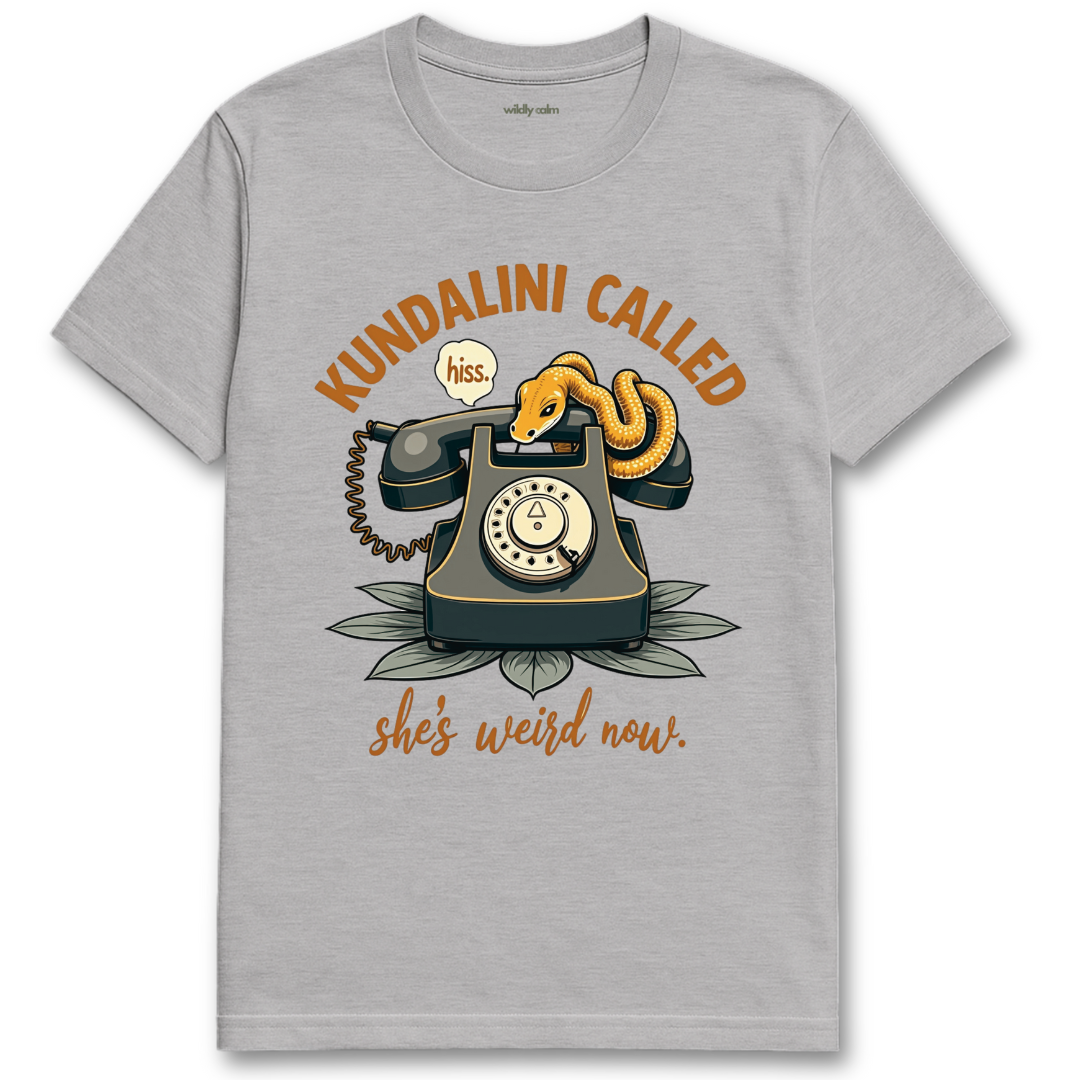 Sports Grey yoga t-shirt with a graphic of a phone and snake, text 'Kundalini Called she's weird now'- Wildly Calm