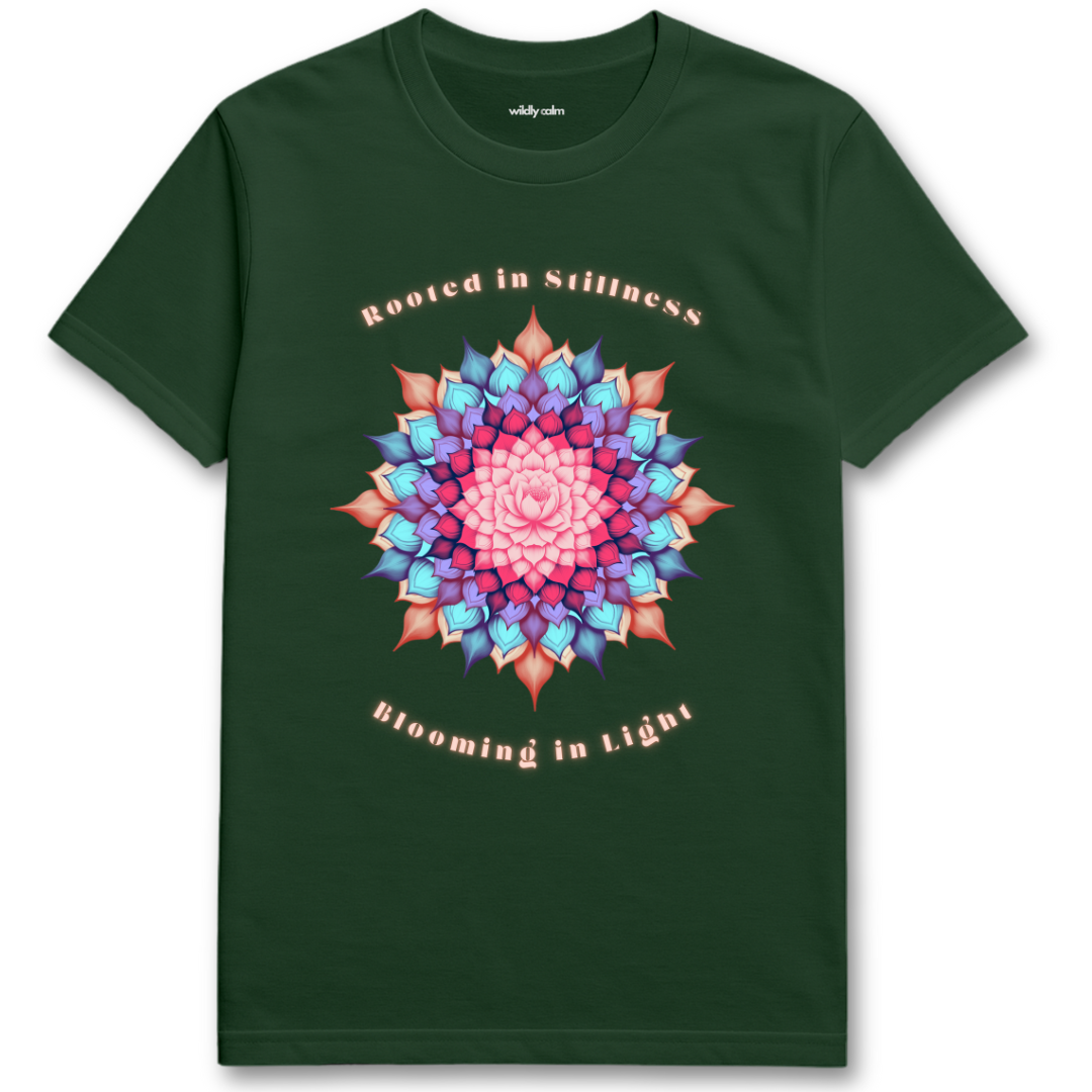 Rooted in Stillness Lotus Forest Green t-shirt with a colorful mandala design and text for Yoga - Wildly Calm