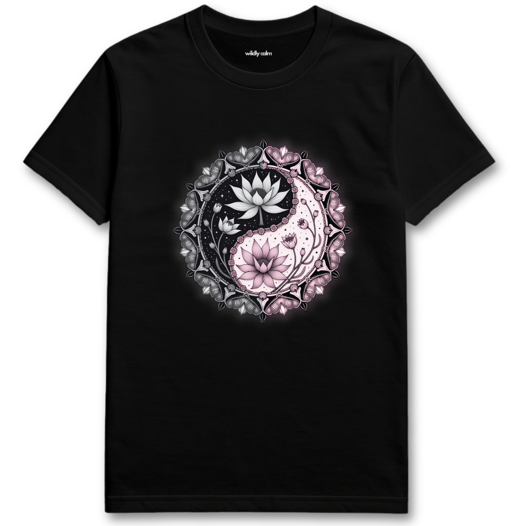 Black Lotus Yin-Yang t-shirt with a floral design for Yoga - Wildly Calm