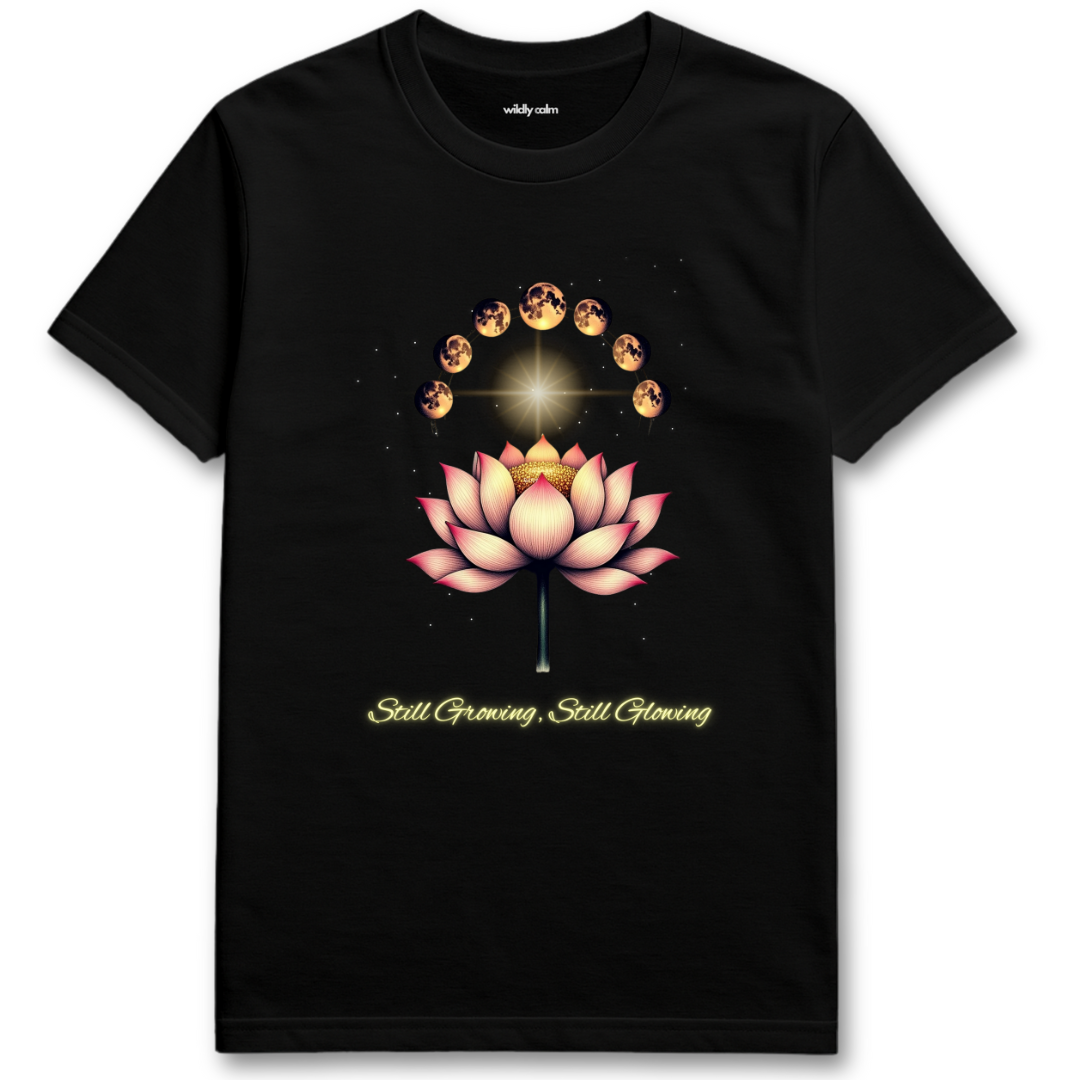 Lunar Lotus Black t-shirt with a pink lotus flower design and text for yoga - Wildly Calm