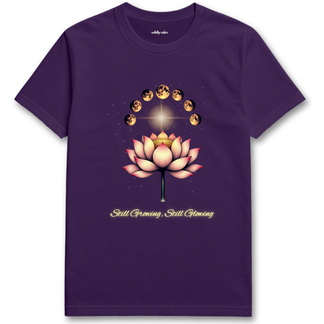 Lunar Lotus Purple t-shirt with a pink lotus flower design and text for yoga - Wildly Calm