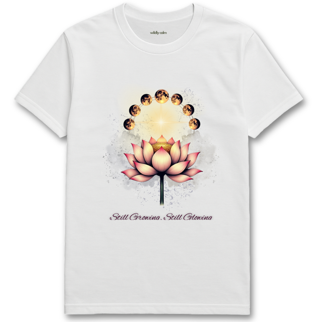 Lunar Lotus White t-shirt with a pink lotus flower design and text for yoga - Wildly Calm
