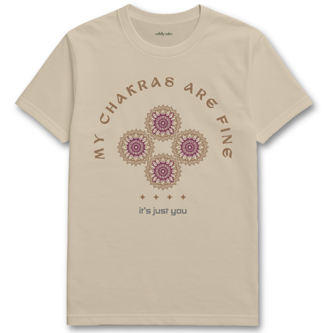 My Chakras Are Fine Sand/ Beige yoga t-shirt with chakra design and text - wildly calm