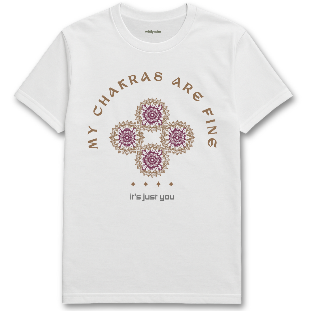My Chakras Are Fine white yoga t-shirt with chakra design and text - wildly calm