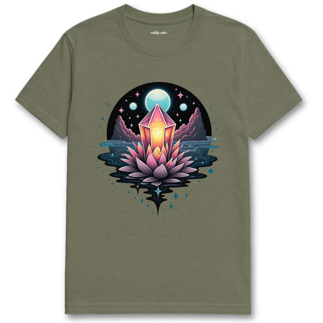 Mystical Crystal Heather military green t-shirt with a mystical design featuring a crystal and lotus flower - wildly calm