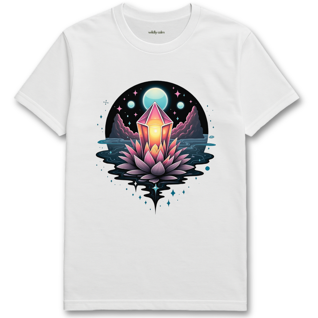 Mystical Crystal white t-shirt with a mystical design featuring a crystal and lotus flower - wildly calm