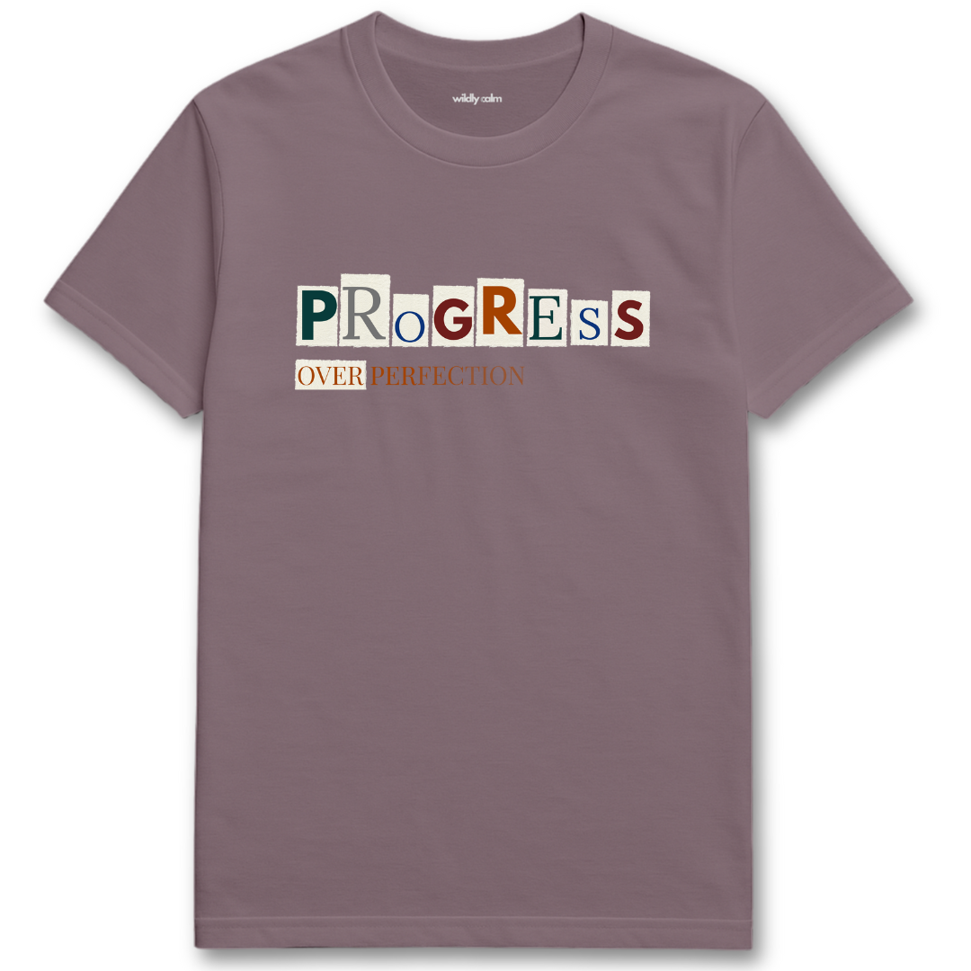 Paragon yoga t-shirt with 'PROGRESS OVER PERFECTION' text design - wildly calm