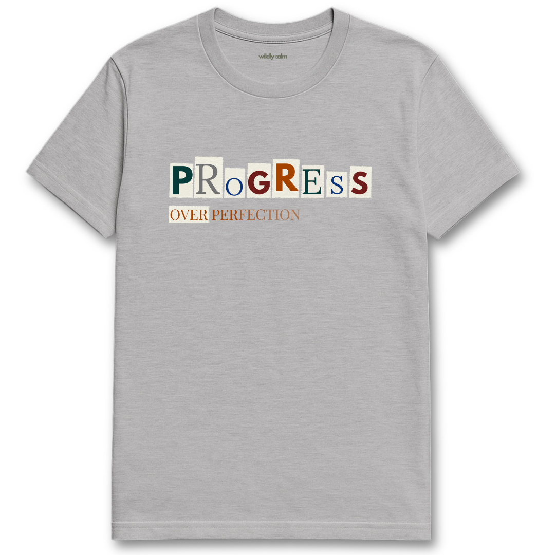 sports Gray yoga t-shirt with 'PROGRESS OVER PERFECTION' text design wildly calm