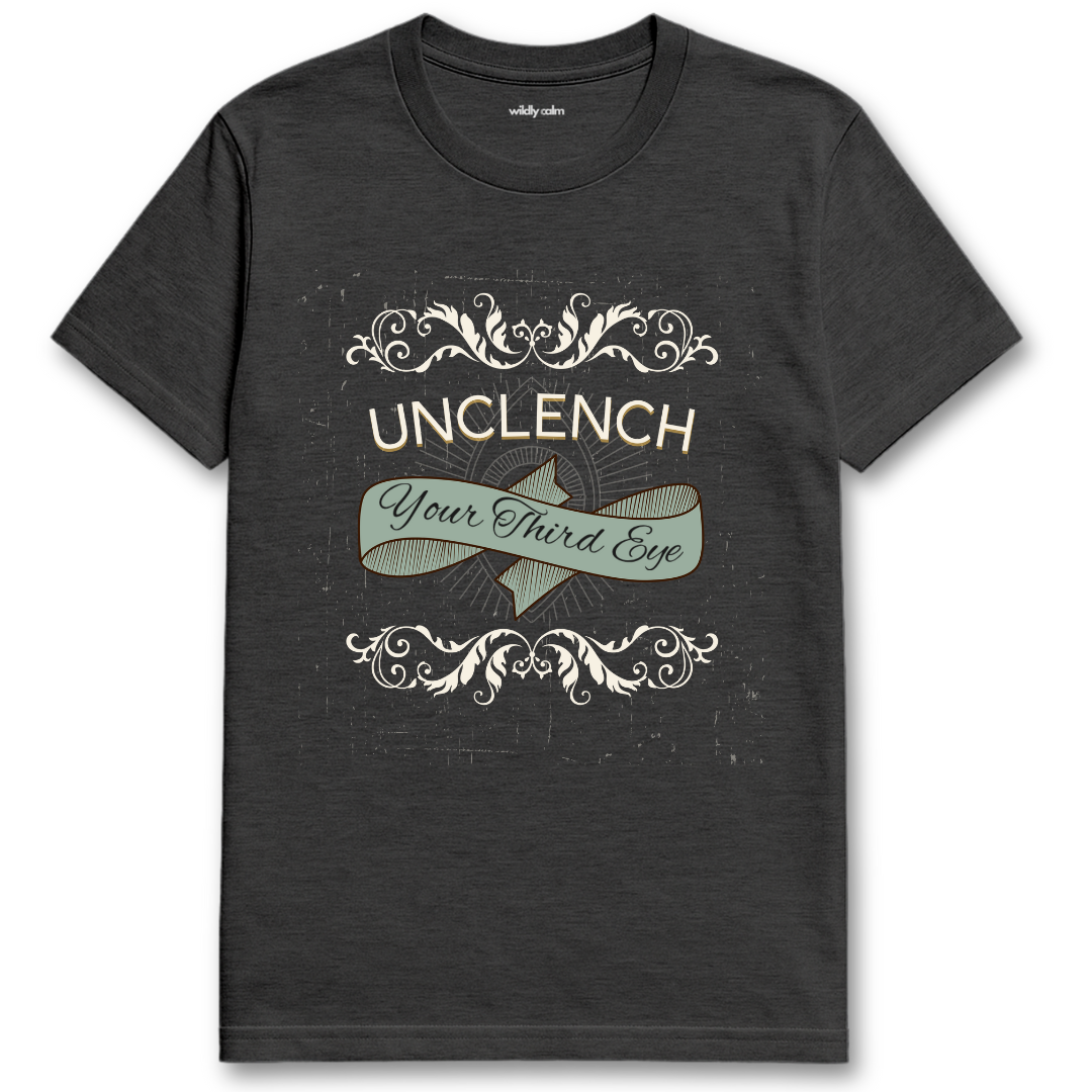 Unclenth Your Third Eye Heather dark grey yoga t-shirt with decorative text and design - widlly calm