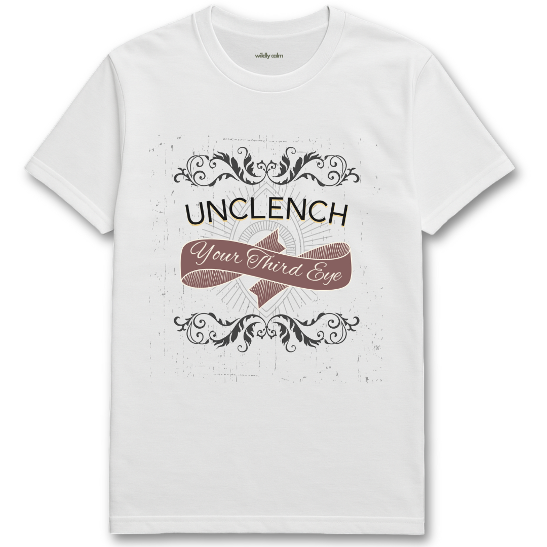 Unclenth Your Third Eye white yoga t-shirt with decorative text and design - widlly calm