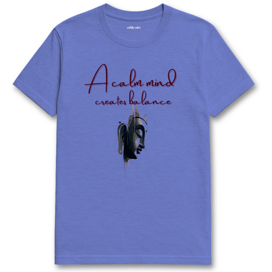 A Calm Mind Creates Balance_Heather Royal yoga t-shirt with 'A calm mind creates balance' text and abstract design -wildly calm