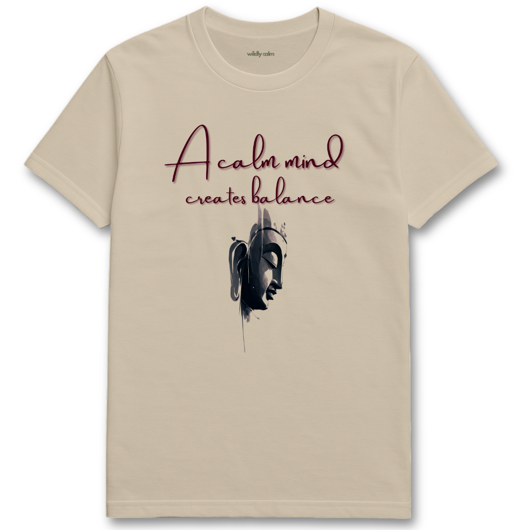 A Calm Mind Creates Balance_sand yoga t-shirt with 'A calm mind creates balance' text and abstract design -wildly calm