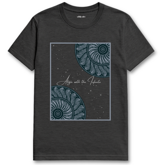 Align the Infinite Mandala Heather Dark Grey yoga t-shirt with blue mandala design and text on a white background