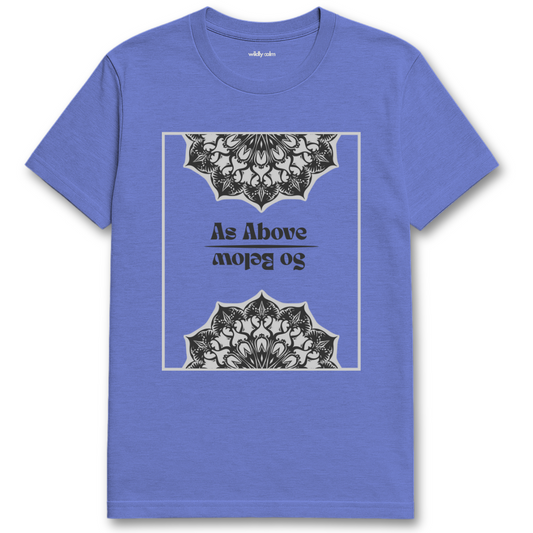 Wildly Calm_As above so below Mandala Heather Royal Blue t-shirt with black mandala designs and text on a white background