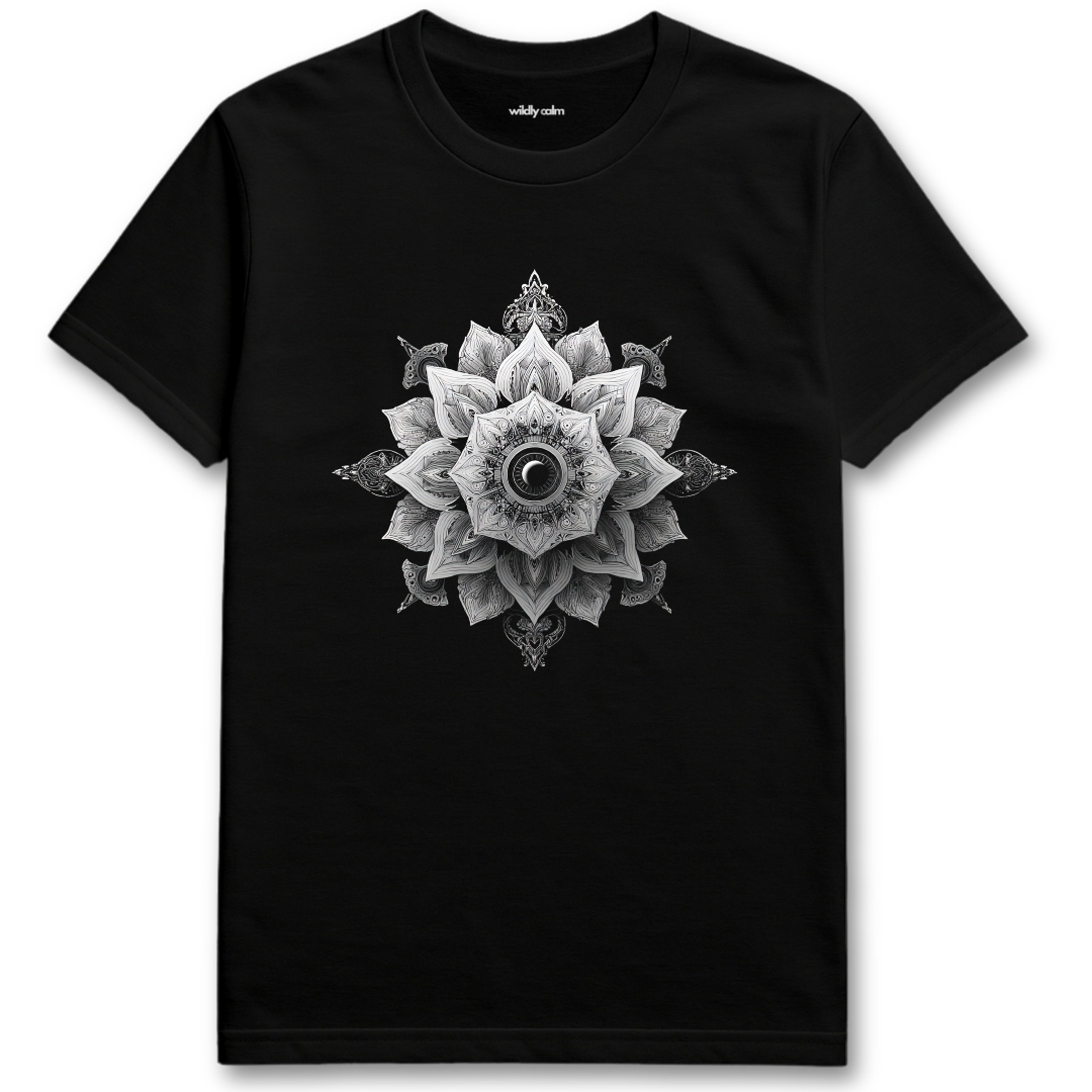 Wildly Calm_Awakening Petals Mandala Black yoga t-shirt with a geometric flower design on a white background