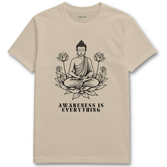Awareness is Everything_Sand t-shirt with Buddha graphic and 'Awareness is Everything' text on a white background for yoga
