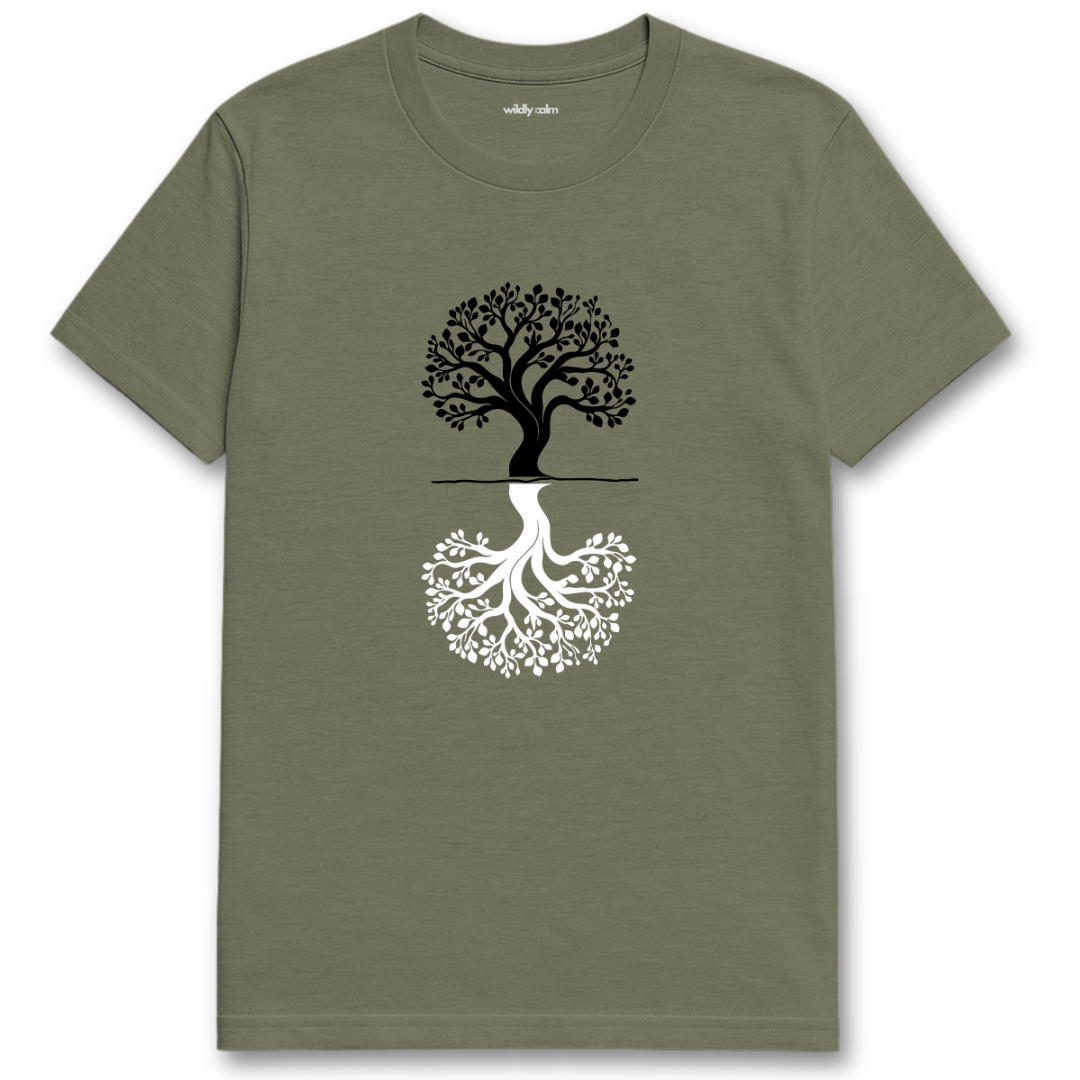 Balance Upside-Down Tree_Heather Military Greent-shirt with a tree design - wildly calm