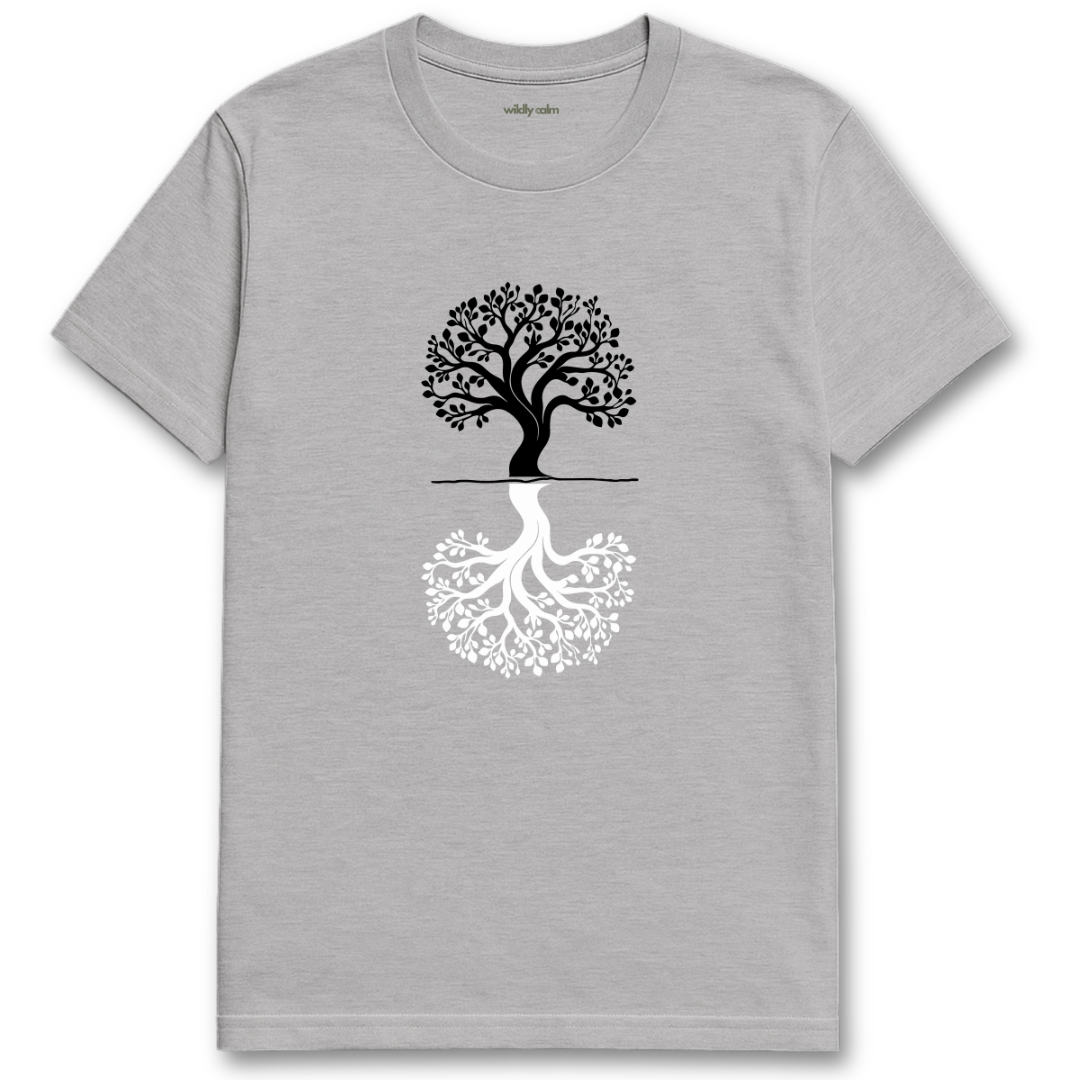 Balance Upside-Down Tree_Sports grey t-shirt with a tree design - wildly calm