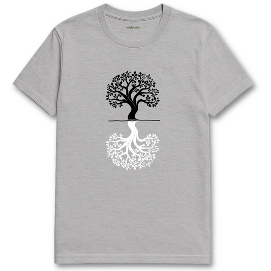 Balance Upside-Down Tree_Sports grey t-shirt with a tree design - wildly calm