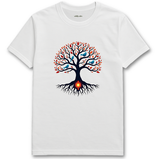 Birds In fusion Tree_white t-shirt with a colorful tree design - wildly calm