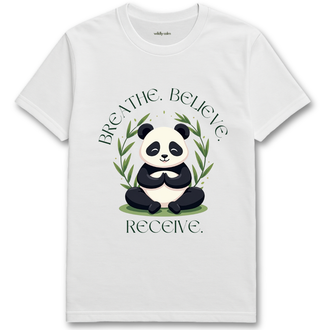 Breathe.Believe.Recieve_White yoga t-shirt with a panda graphic and motivational text - wildly calm