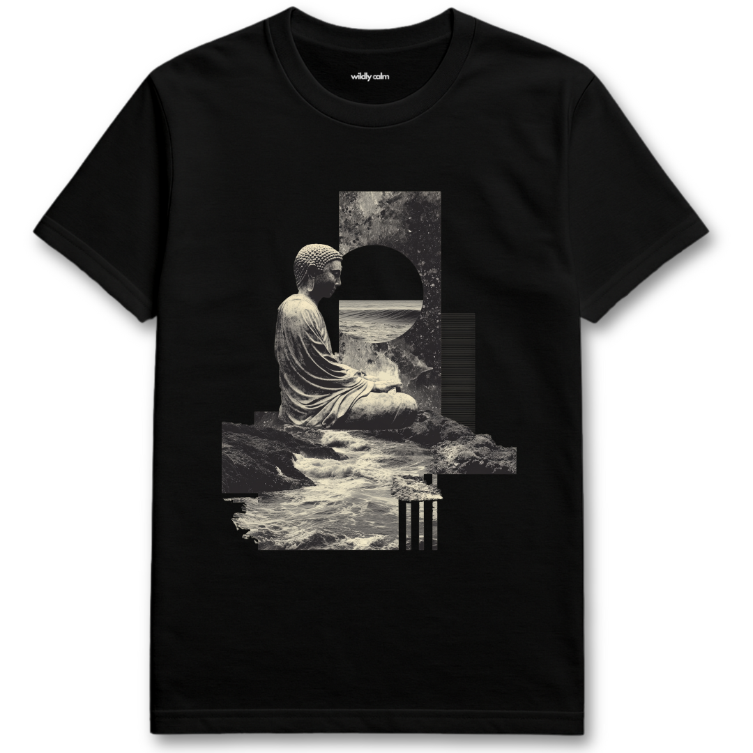 Buddha Collage Black t-shirt with a Buddha statue graphic on a white background for yoga