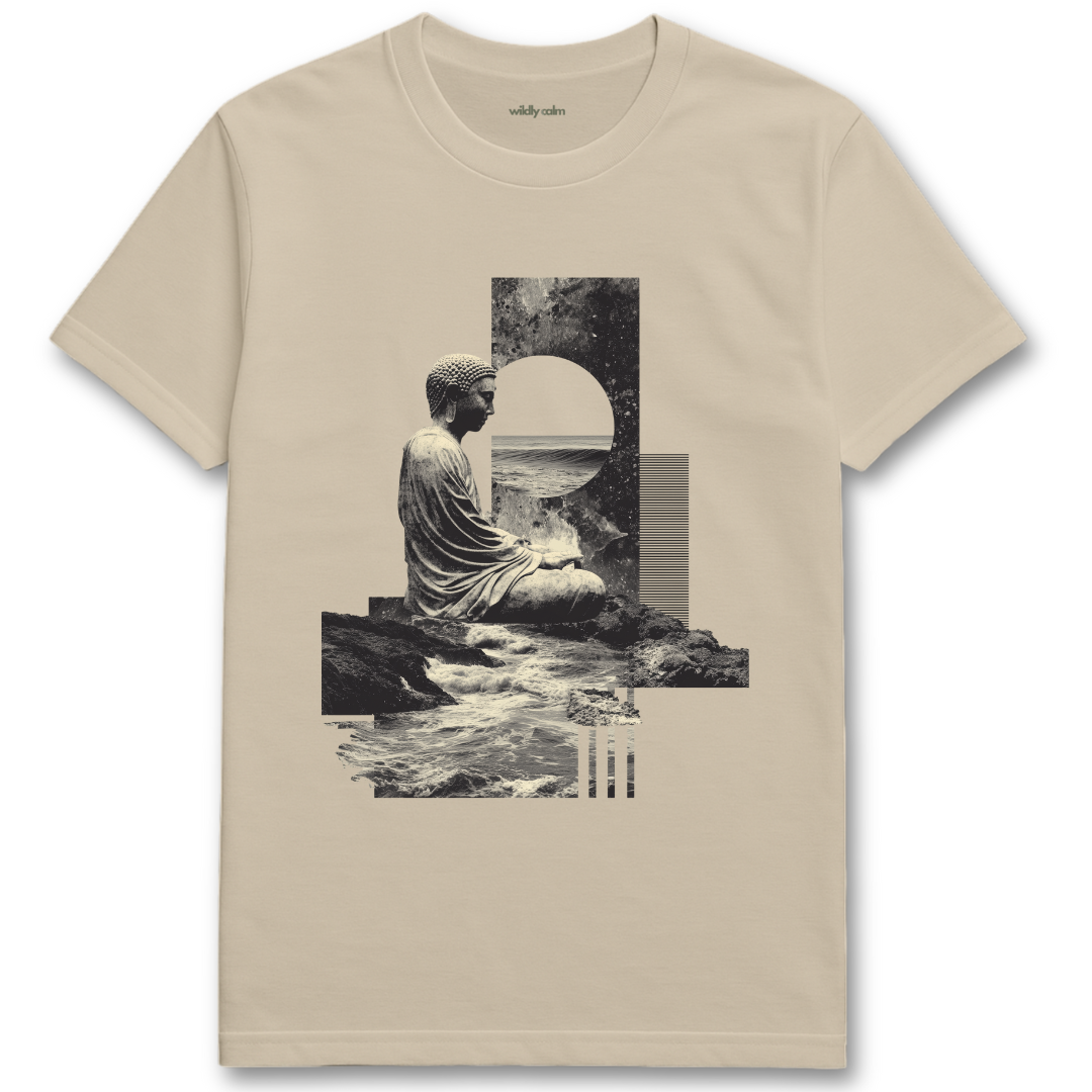 Buddha Collage sand/ beige t-shirt with a Buddha statue graphic on a white background for yoga