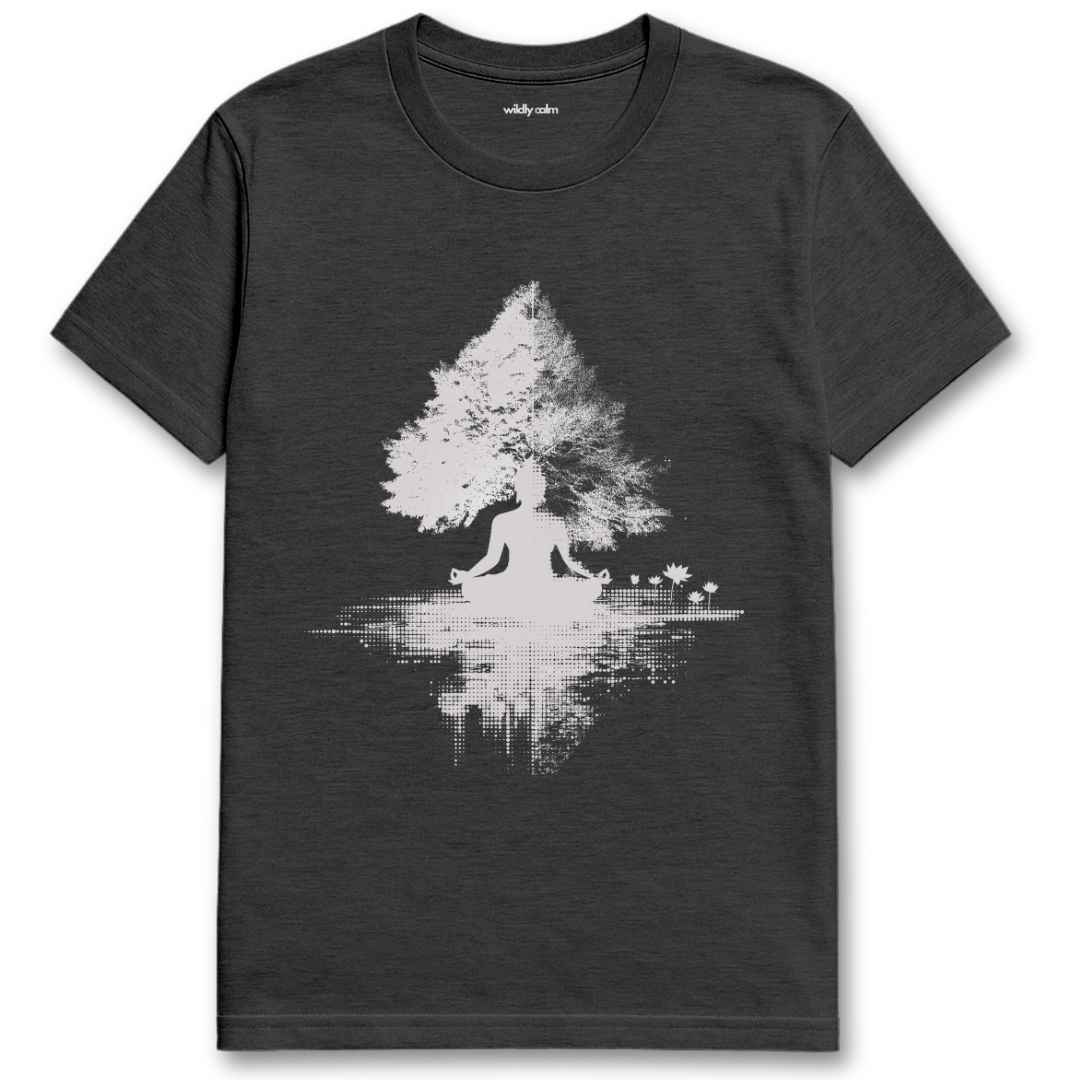 Buddha Meditating under Heather Dark Grey t-shirt with a white tree and buddha design on a white background for yoga