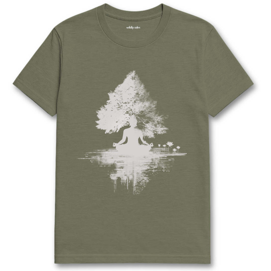 Buddha Meditating under Heather Military Green t-shirt with a white tree and buddha design on a white background for yoga