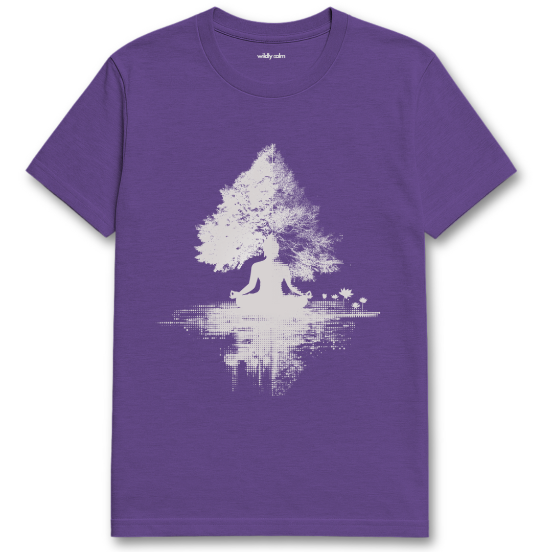 Buddha Meditating under Heather purple t-shirt with a white tree and buddha design on a white background for yoga