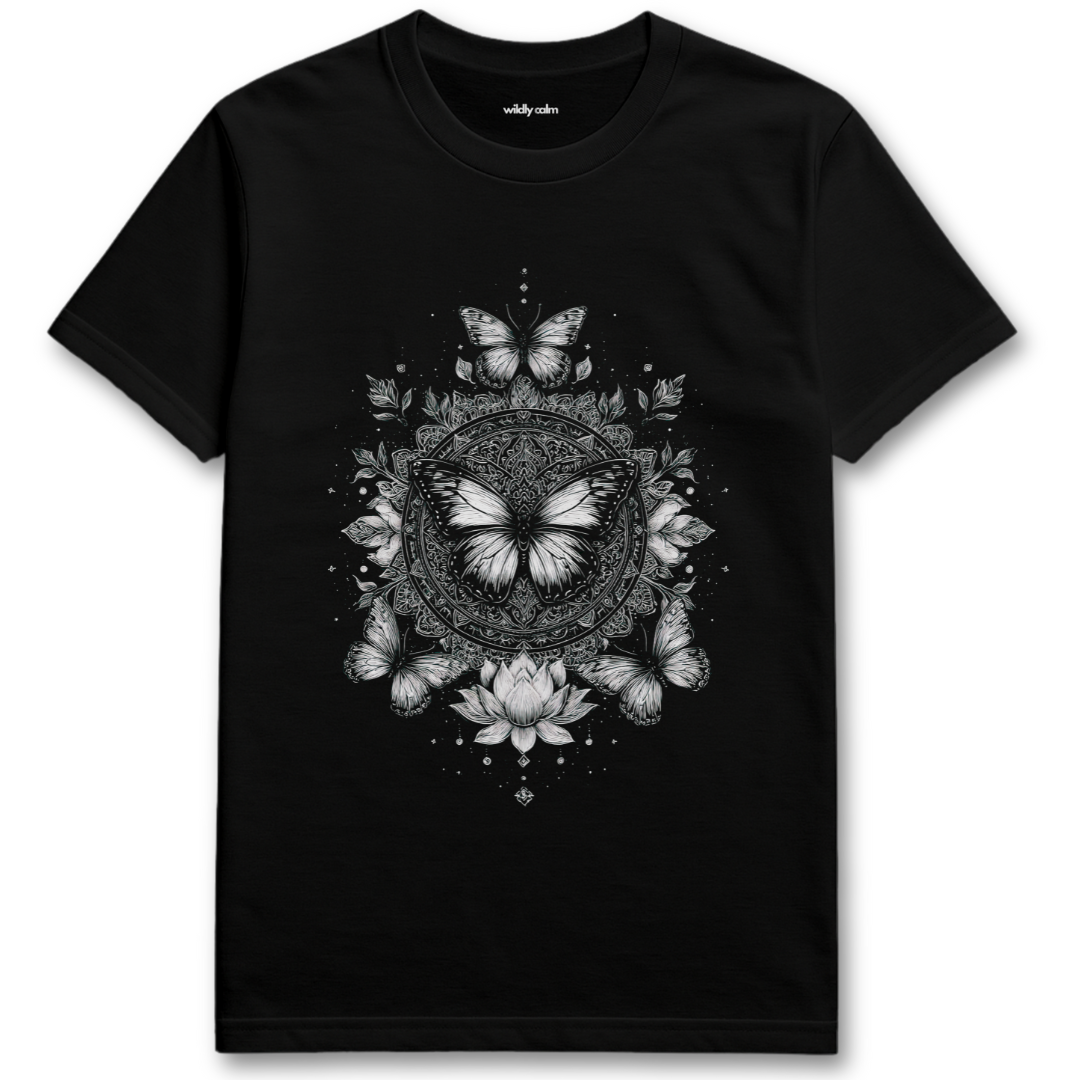 Wildly Calm_Butterfly Cosmic Mandala Black yoga t-shirt with butterfly and floral design on a white background